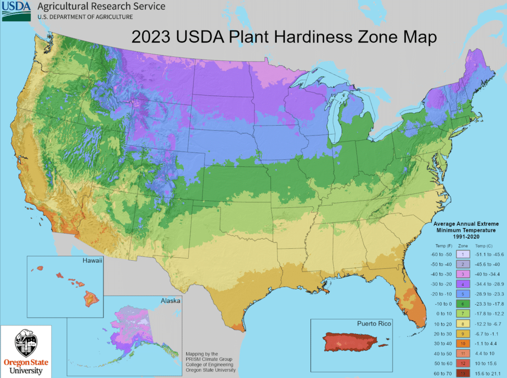 2023 USDA Plant Hardiness Zone Map showing color-coded zones across the United States