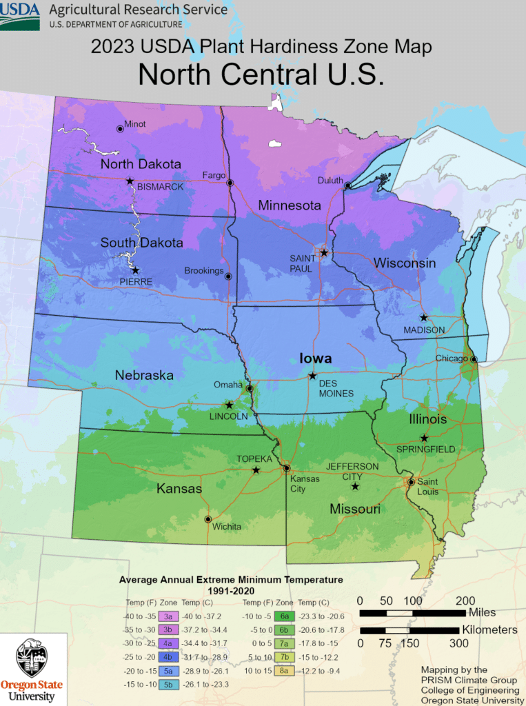 2023 USDA Plant Hardiness Zone Map for North Central U.S. showing color-coded climate zones