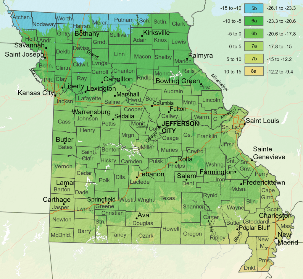 2023 USDA Plant Hardiness Zone Map for Missouri showing color-coded climate zones