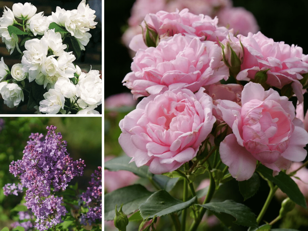 Fragrant flowering shrubs featuring white Mock Orange blooms, purple Scentara Pura Lilac clusters, and pink Reminiscent roses for romantic gardens