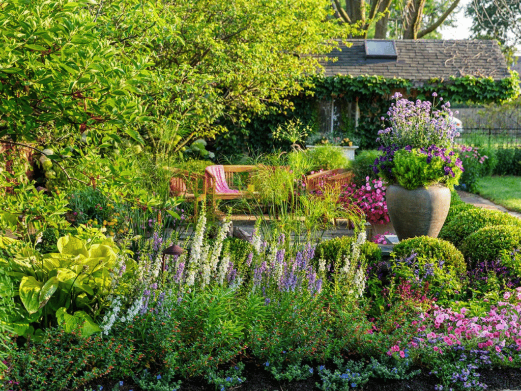 Lush garden bed with white and purple flowers, ornamental grasses, and a wooden bench creating a romantic seating area