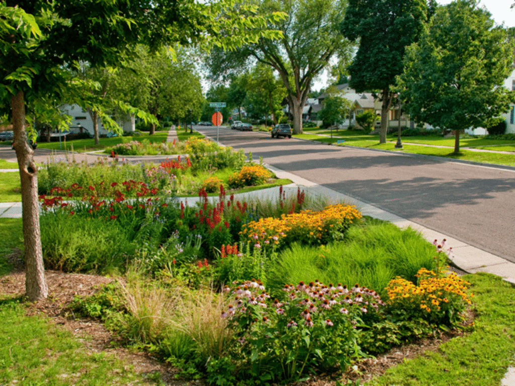 Colorful suburban rain garden next to a road, featuring red cardinal flower, black-eyed Susan, purple coneflower, and ornamental grasses.
