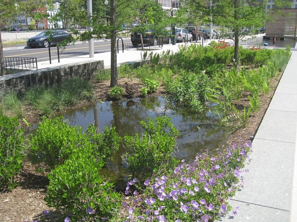 Urban rain garden with standing water, trees, ferns, shrubs, and blooming purple hardy geraniums between sidewalks.