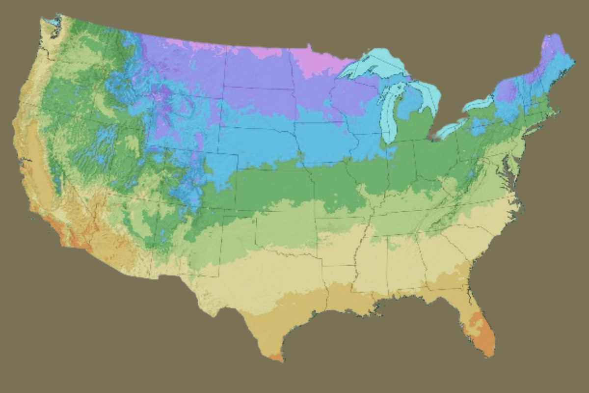 USDA Plant Hardiness Zone Map showing color-coded climate zones across the United States on a brown background.