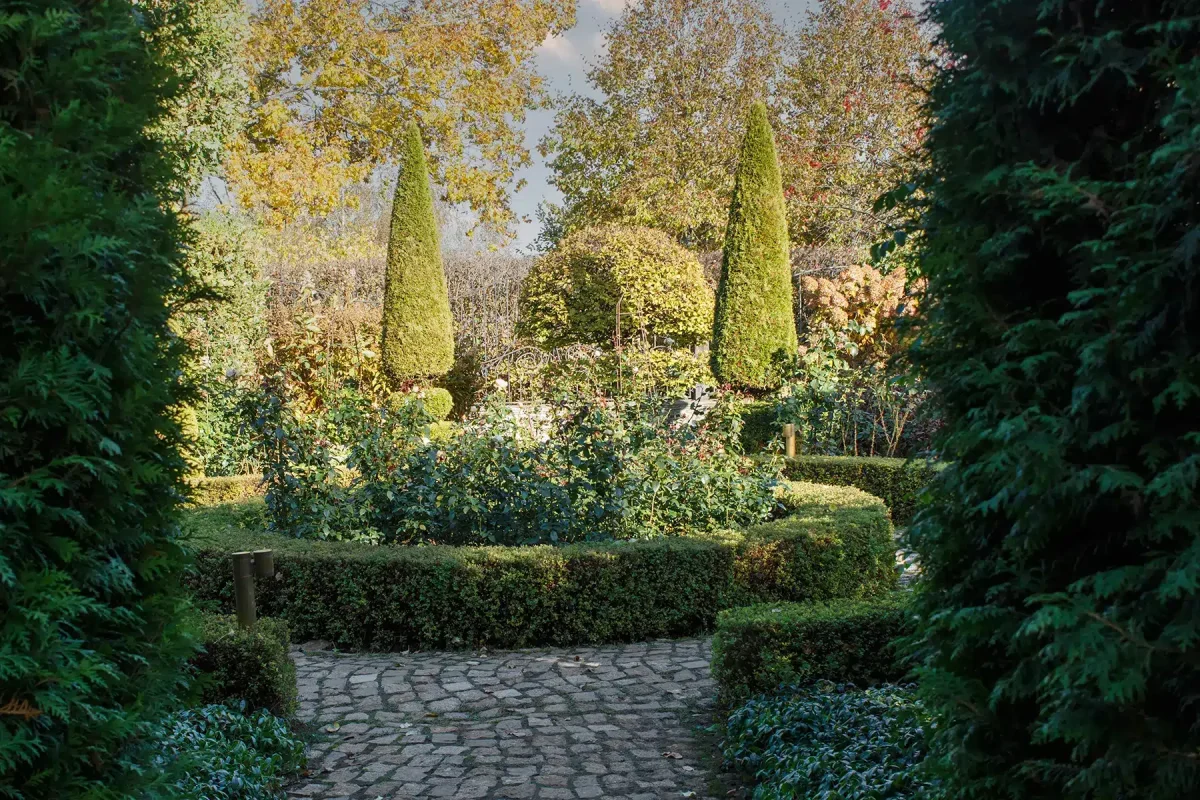 A picturesque garden scene featuring a cobblestone path leading to a formal garden area with neatly trimmed hedges and topiary trees. The garden is framed by tall, conical evergreens and lush greenery, with a backdrop of autumn-colored foliage. The overall setting is tranquil and well-manicured, evoking a sense of serene beauty.